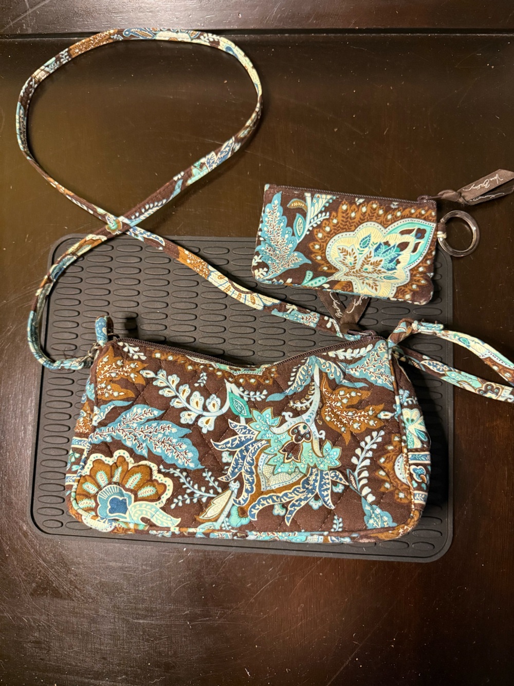 Vera Bradley Brown Floral Mini Crossbody with Teal and Cream Paisley